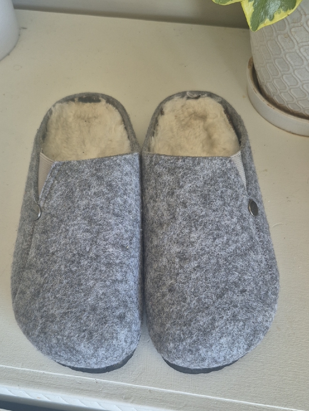 Hot Cakes Gray Felt Slip-On Mules with Branded Button